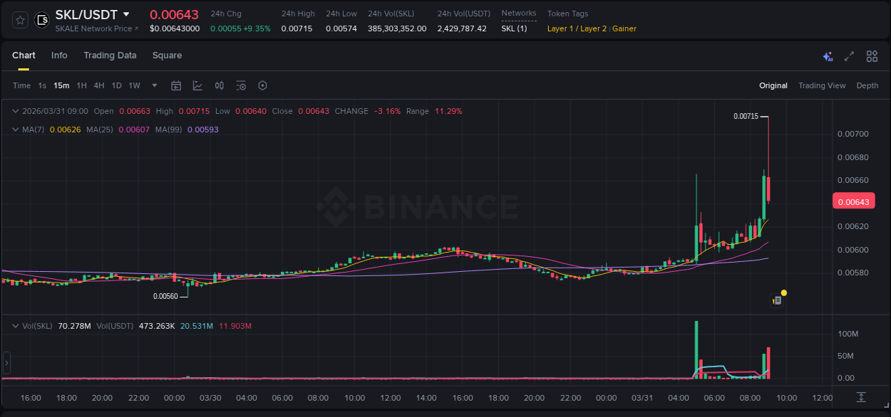 Market analysis: SKL pump on Binance at 31 March 2026, 09:02