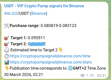 Crypto pump signal proof: ALGO on Binance, 01 April 2026, 02:34