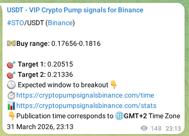Binance trading signal proof for STO pump, 01 April 2026, 02:54