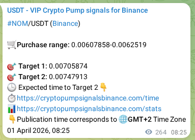 NOM pump verification image from Binance, 01 April 2026, 15:32