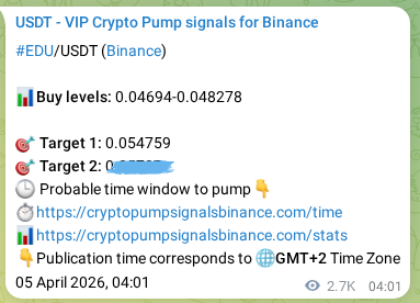 Crypto trading signal proof: EDU pump on Binance, 08 April 2026, 06:56