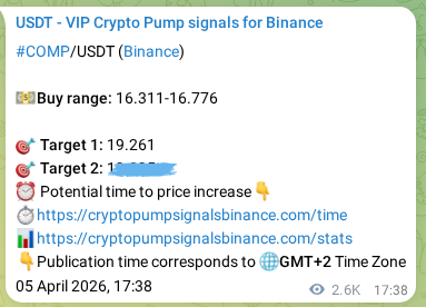 Binance trading signal confirmation for COMP pump, 08 April 2026, 17:23