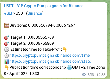 Binance pump signal confirmation for SLP at 08 April 2026, 19:15