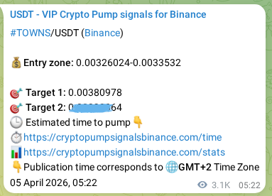 Real-time verification of TOWNS pump signal on Binance, 08 April 2026, 20:12