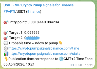 Binance trading signal proof for PARTI pump, 09 April 2026, 11:31 Binance trading signal proof for PARTI pump, 09 April 2026, 11:31