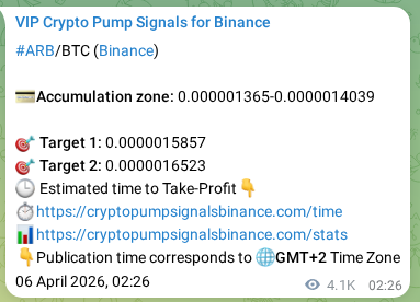 Binance pump signal proof for ARB on 11 April 2026, 06:05