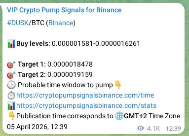 Crypto pump signal proof: DUSK on Binance, 11 April 2026, 08:08