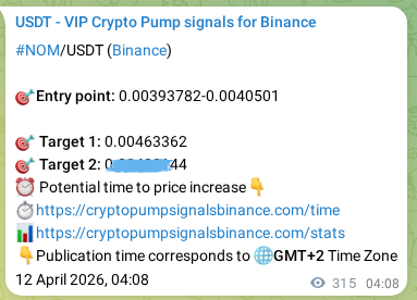 Crypto pump signal proof: Verify NOM on Binance, 12 April 2026, 12:51 Crypto pump signal proof: NOM on Binance, 12 April 2026, 12:51