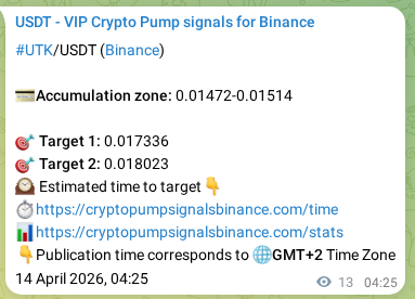 Crypto trading signal proof: UTK pump on Binance, 14 April 2026, 04:25
