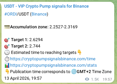 ORDI pump signal confirmation from Binance, timestamp: 15 April 2026, 13:41