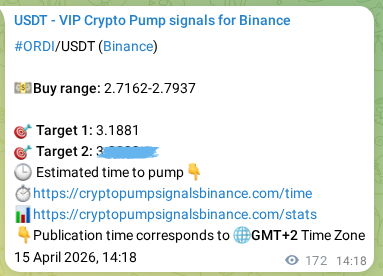 Live proof of ORDI pump signal on Binance, 15 April 2026, 19:05