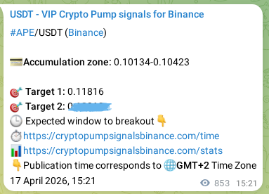 Binance pump signal proof for APE on 18 April 2026, 15:01