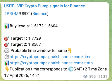 Authenticated proof of PROM's pump signal on Binance at 18 April 2026, 15:13