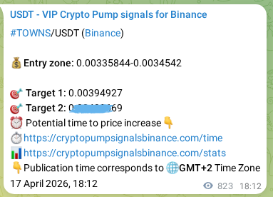 Binance trading signal proof for TOWNS pump, 18 April 2026, 16:53