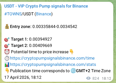 Signal verification: TOWNS pump on Binance at 18 April 2026, 16:55