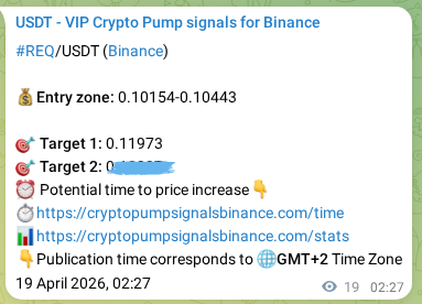 Proof of REQ pump signal on Binance at 19 April 2026, 02:57