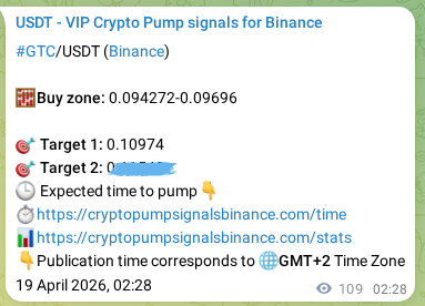 Crypto market signal proof: GTC pump on Binance, 19 April 2026, 05:28