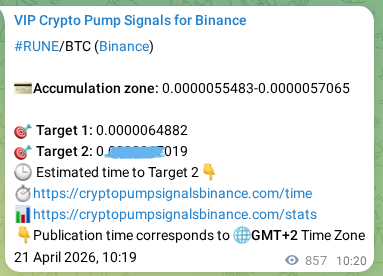 Proof of RUNE pump signal on Binance at 22 April 2026, 10:07