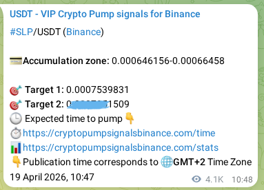 Crypto pump signal analytics for SLP on Binance, 25 April 2026, 10:22
