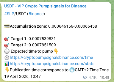 Crypto signal proof: SLP pump on Binance, 25 April 2026, 11:26