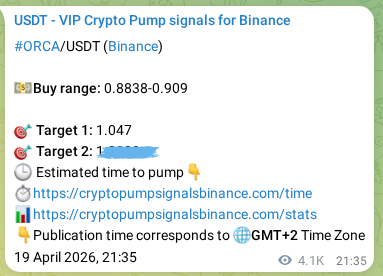 Authenticated proof of ORCA's pump signal on Binance, 25 April 2026, 15:55
