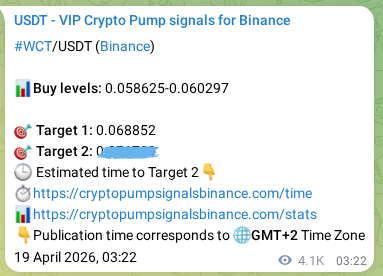 Real-time verification of WCT pump signal on Binance, 25 April 2026, 21:08