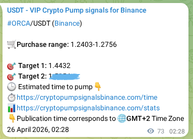 Binance pump signal proof for ORCA on 26 April 2026, 04:29