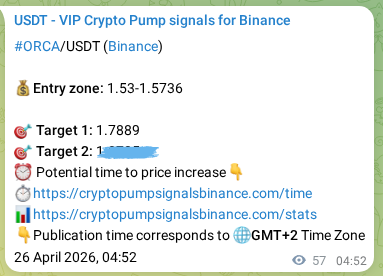 Binance trading signal proof for ORCA pump, 26 April 2026, 06:19