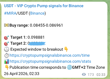 Real-time proof of MIRA pump signal on Binance, 26 April 2026, 07:21