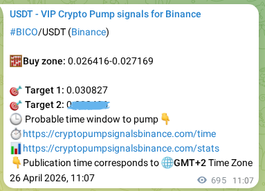 Trading signal proof: BICO pump from Binance, 27 April 2026, 06:13