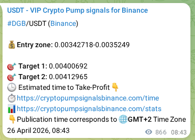 Crypto trading signal proof: DGB pump on Binance, 27 April 2026, 08:45