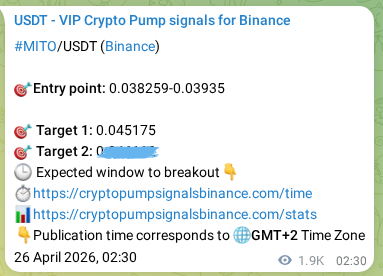Binance pump signal proof for MITO on 28 April 2026, 07:11