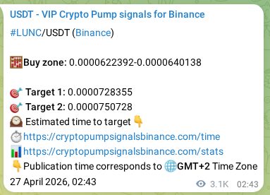 Crypto pump signal proof: LUNC on Binance, 30 April 2026, 15:35