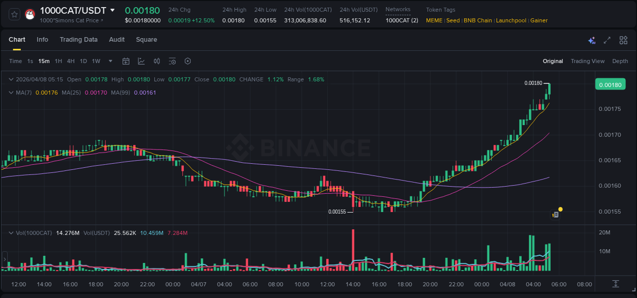 Real-time report of 1000CAT pump on Binance, 08 April 2026, 05:29