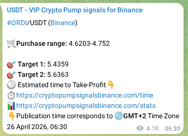 Trading signal proof: ORDI pump from Binance, 02 May 2026, 17:26