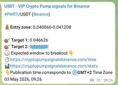 Trading signal proof: PARTI pump from Binance, 03 May 2026, 11:14 Trading signal proof: PARTI pump from Binance, 03 May 2026, 11:14