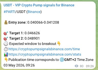 Binance pump signal data for PARTI at 03 May 2026, 11:30 Binance pump signal data for PARTI at 03 May 2026, 11:30