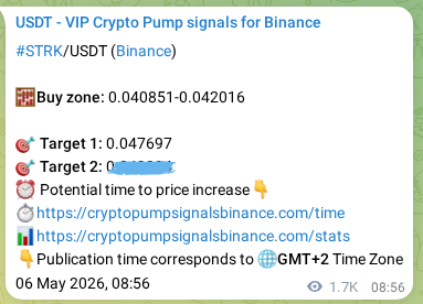 Binance trading signal proof for STRK pump, 08 May 2026, 06:48