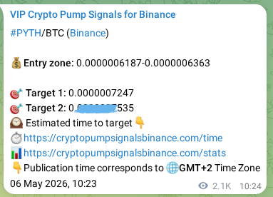 Crypto pump signal proof: PYTH on Binance, 08 May 2026, 20:08