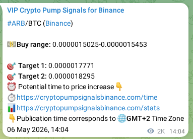 Binance trading signal proof for ARB pump, 08 May 2026, 21:28
