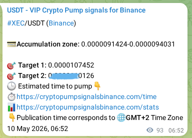 Signal verification: XEC pump on Binance at 10 May 2026, 09:07