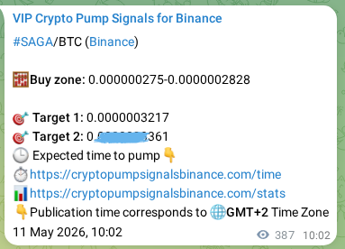 Binance pump signal proof for SAGA on 11 May 2026, 20:47