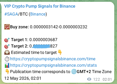 Proof of SAGA pump signal on Binance at 12 May 2026, 05:25