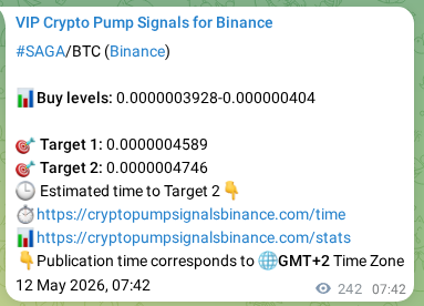Crypto pump signal proof: SAGA on Binance, 12 May 2026, 14:25