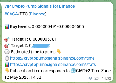 Binance trading signal proof for SAGA pump, 12 May 2026, 15:30