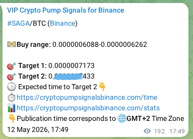 Trading signal proof: SAGA pump from Binance, 12 May 2026, 22:43