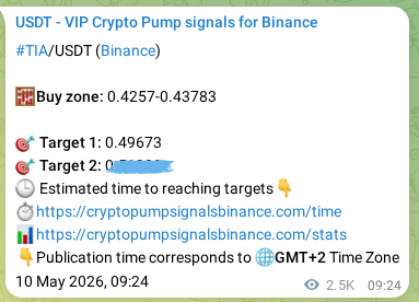 TIA pump signal verification from Binance, timestamp: 13 May 2026, 05:45