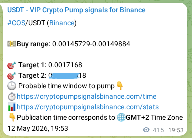 Binance pump signal proof for COS on 13 May 2026, 06:41