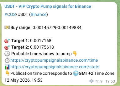 Authenticated proof of COS's pump signal on Binance at 13 May 2026, 06:48