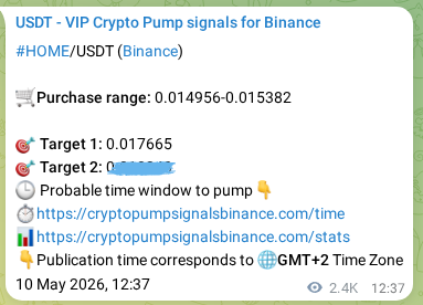 Crypto pump signal proof: HOME on Binance, 13 May 2026, 07:06